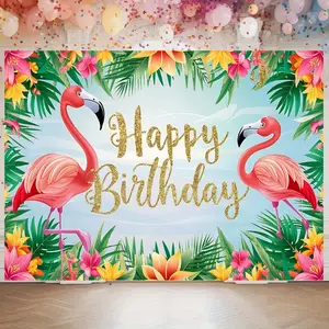 Flamingo Birthday Backdrop Banner with Leaves and Flowers Design, 2D Flat Decoration for Parties and Celebrations, Ideal for Cake Table and Family Gatherings