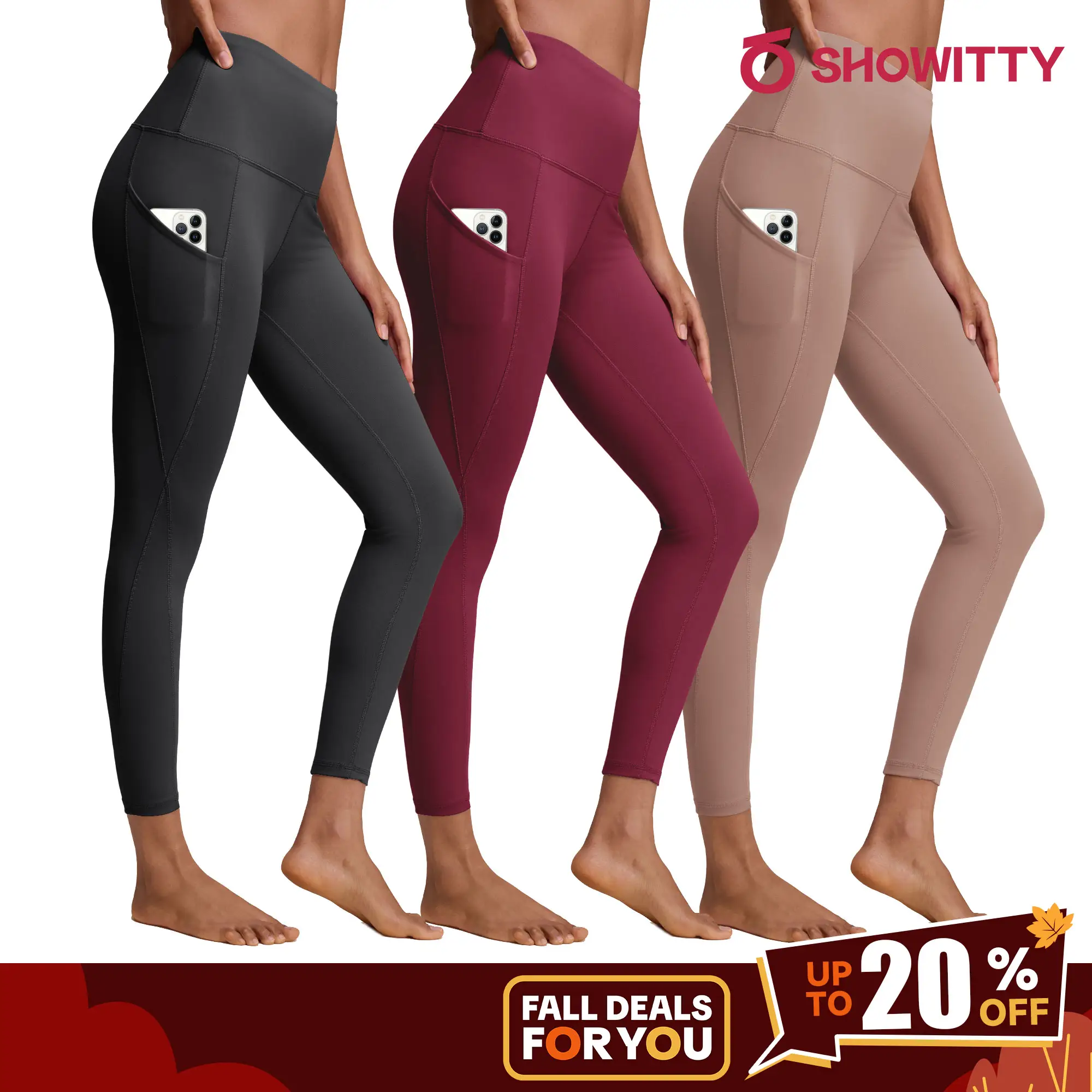 SHOWITTY Women's High Waisted Tummy Control 3 Pack Leggings with Pockets – Not See-through Stretchy Yoga Pants for Daily Wear