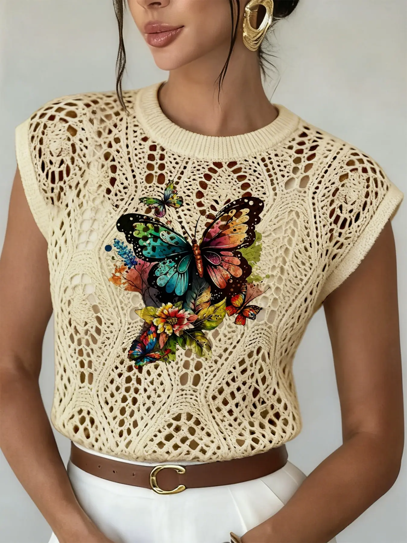 Spring Summer Elegant Women's Butterfly Pattern Colorblock Print Round Neck Sweater, Casual Loose-Fitting Knitwear, Breathable Fall Winter Fabric Knit Pullover Top