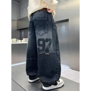 Boys' Washed Stonewashed Faded Alphabet and Number Print Straight-Leg Loose-Fit Stylish Jeans,  and Fashionable, Soft and Comfortable, for Teenager