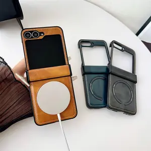 Fin PU Leather Protective Back Cover for Samsung Galaxy Z Flip 7 Phone Case Magnetic Wireless Charging Shell, Z Flip 7 FE 6 5 4