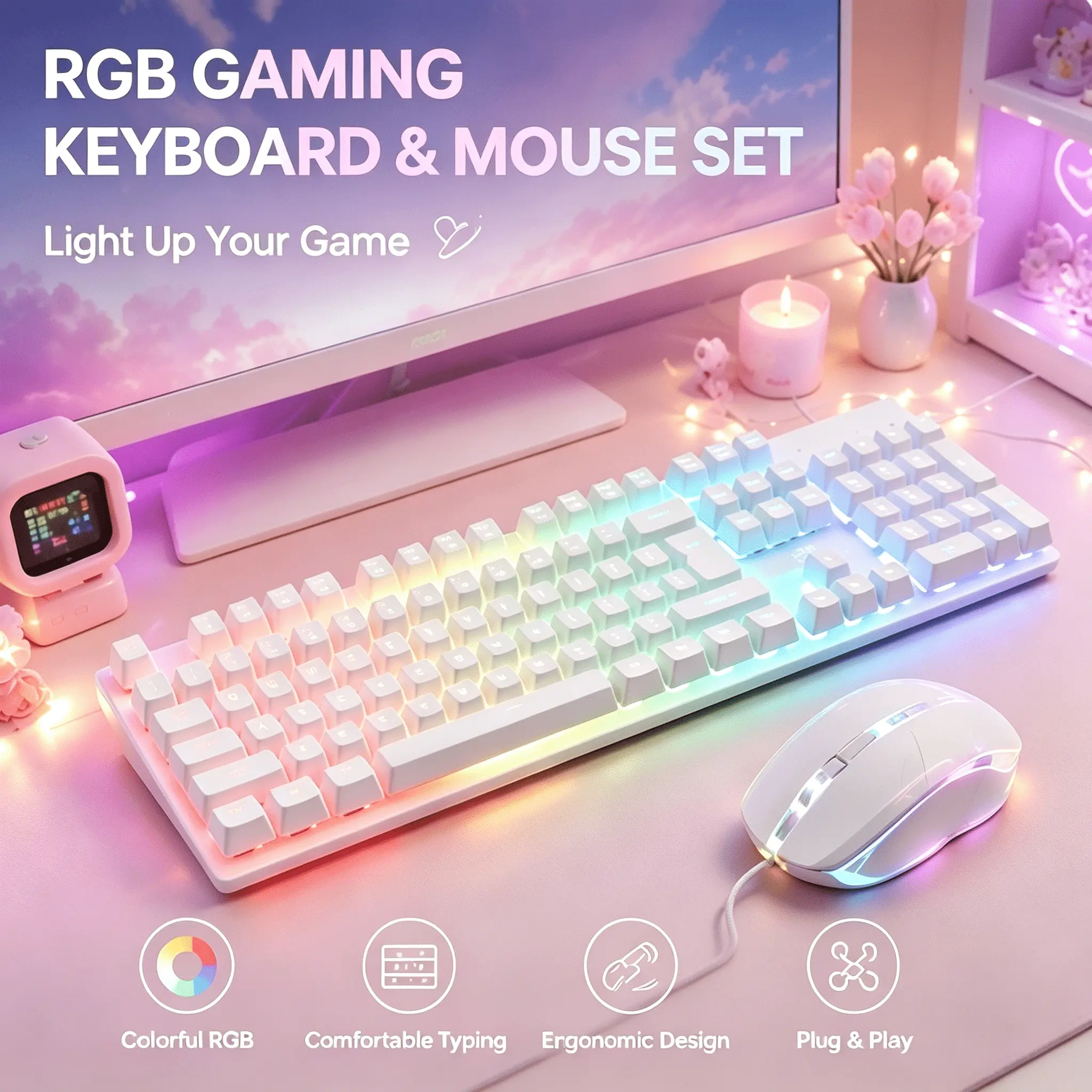 White RGB Gaming Keyboard and Mouse Combo, Wired USB Full Size Membrane Keyboard Mechanical Feel, Plug & Play Ergonomic Light Up Keyboard Mouse Set for PC Laptop Office Gaming