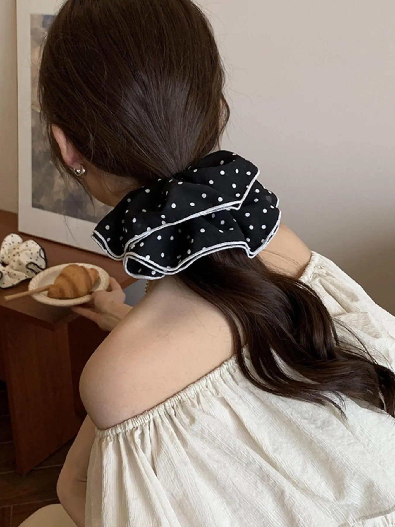 Ruffled Polka Dot Scrunchie, Fun & Flirty Hair Accessory, Stylish Elastic Band for Women, Perfect for Daily Use