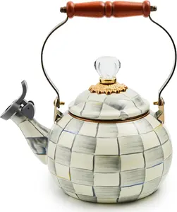 MACKENZIE-CHILDS Enamel Whistling Stovetop Tea Kettle, Decorative Gray-and-White Sterling Check Kitchen Tea-Making Tool