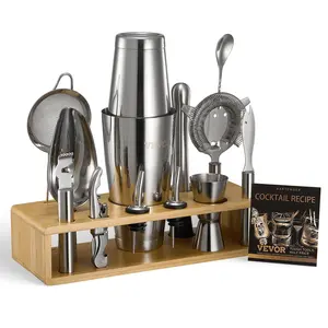 VEVOR Cocktail Shaker Set,  , 13-Piece Stainless Steel Bar Tools with Bamboo Stand, Boston Bartender Kit Accessories | Mixer Spoon, Muddler, Jigger, Strainer, Liquor Pourers, Ice Scoop, Lemon Zester