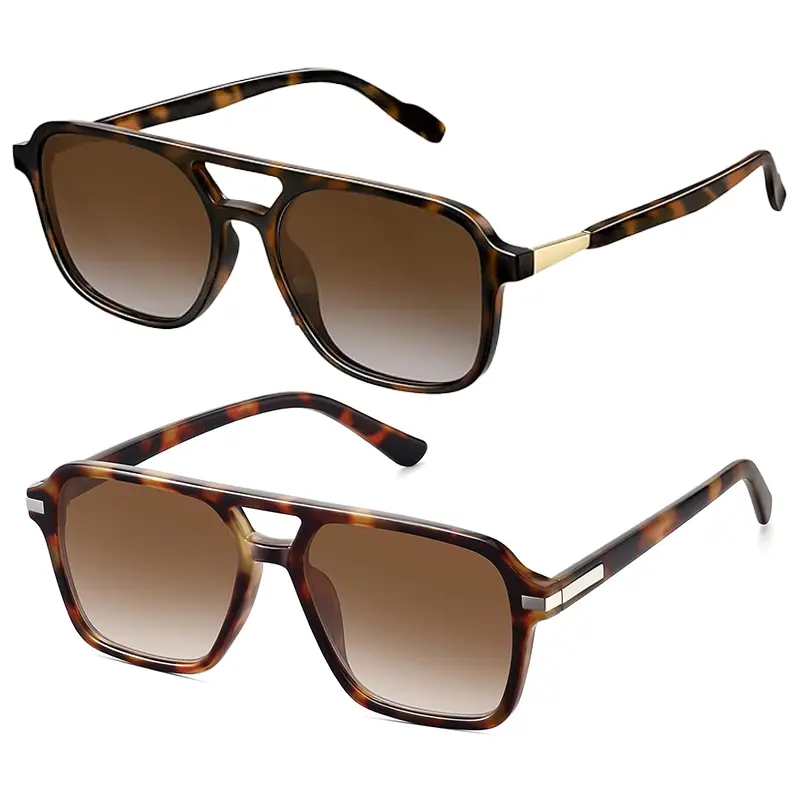 【Summervibes】2Pcs Retro Aviator Sunglasses for Women Men Trendy Classic Square 70s 80s 90s Vintage Shades Rectangle Womens Shades Sun Glasses UV Protection Double Bridge Aviators