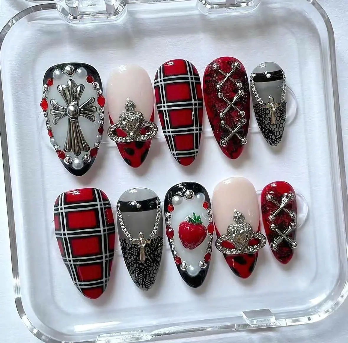 Red Plaid Stiletto Press-On Nails, Handmade Reusable Soft Gel False Nail Set