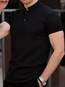 Men's Fashion Casual Business Henry Shirt, High-End Solid Color Jacquard Collar T-Shirt, Essential Golf Polo Set, Breathable Warm, Indoor & Outdoor