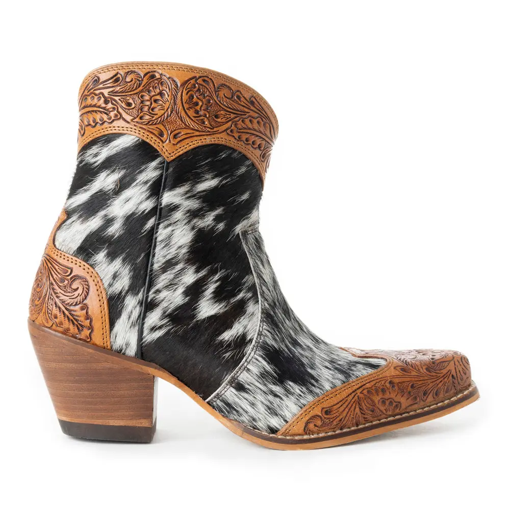 Women's Western Boots, Silverado Hand-Tooled Leather & Hair-on Cowhide Ankle Booties, Snip Toe, 2.36" Heel, Western Elegance, Country Girl Aesthetic, Cow Hide, Year-Round, All Seasons, Ankle Length, Country Girls, Cowgirl Fashion, Western Ootd, American T
