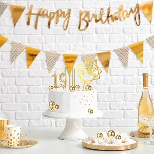 34 Pcs Happy Birthday Cake Toppers Decorations Birthday Candles DIY Cake Decor for Men Women Wedding Anniversary(Gold)