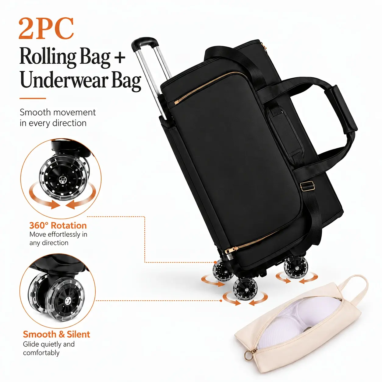 2pc Nylon Rolling Travel Bag with Removable Handle - Large-Capacity Duffel for Business Trips And Weekend Getaways