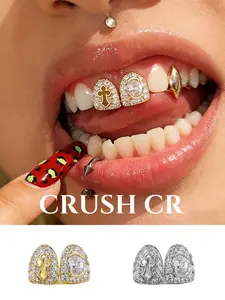 CRUSH CR Viral Iced Out Cross Double Tooth Cap Grillz for Content Creators Influencers, 18K Gold Plated, Ultra Photogenic for Close-Up Shots, TikTok Reels, Instagram Carousels Music Video Shoots, Hypoallergenic for All-Day Comfortable Wear