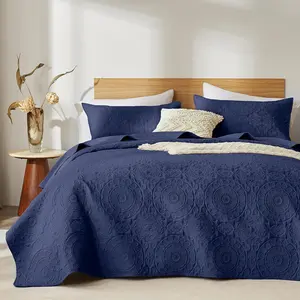 Navy Blue Set King/Cal King Size, Embossing Microfiber Bedspreads with Pillow Sham, Ligthweight Breathable Thin Coverlet, Reversible Bedding Set for All Season (1, 2 Pillow Shams)