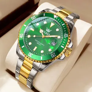 OLEVS Watches for Men with Date Luxury Big Face Waterproof Mens Wristwatch Analog Dress Two Tone Stainless Steel Man Watch Luminous Relojes De Hombre Calendar(Green/Blue/Black Dial) 5885