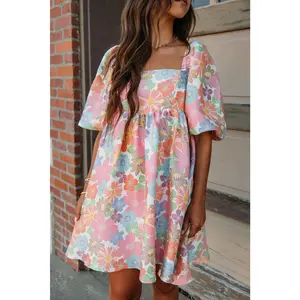 Pink Summer Floral Square Neck Puff Sleeve Babydoll Dress Casual Short Shortsleeve Womenswear