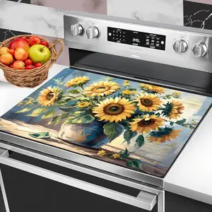 1pc 2D Flat Stove Cover Protector Featuring Spring Sunflowers in a Blue Vase on a Wooden Table, Set Against a Naturally Lit Background. Easy to Clean, Suitable for Kitchen, Washing Machine, Dryer, And Stovetop Panel Protection
