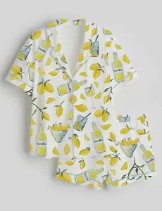 Cocktail Pajama Set Women, Limoncello Lemon Print Pajama Set Women Summer Italian Amalfi Coast Citrus Sleepwear Loose Comfy Short Set Cute Vacay Lounge Outfit Her