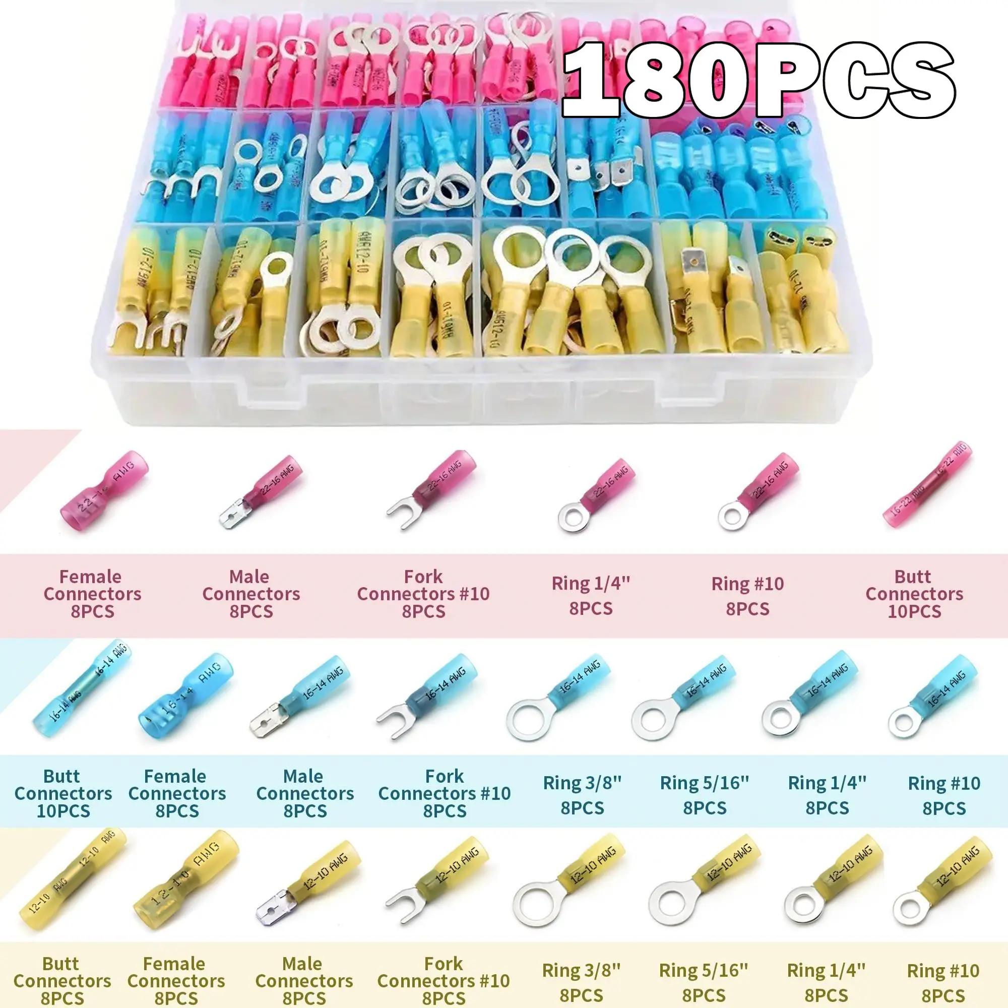 180/260/600pcs Heat Shrink Wire Connectors, Durable Reliable Connectors, Waterproof Automotive Marine Electrical Terminal Plug Kit, Waterproof Connector Set, Crimp Connector Assortment, Ring Fork Spade Butt Splices