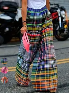 Plus Size Women's Plaid Print High Waist Wide Leg Pants, Casual Fitted Short Hems, All-Season Streetwear for Summer