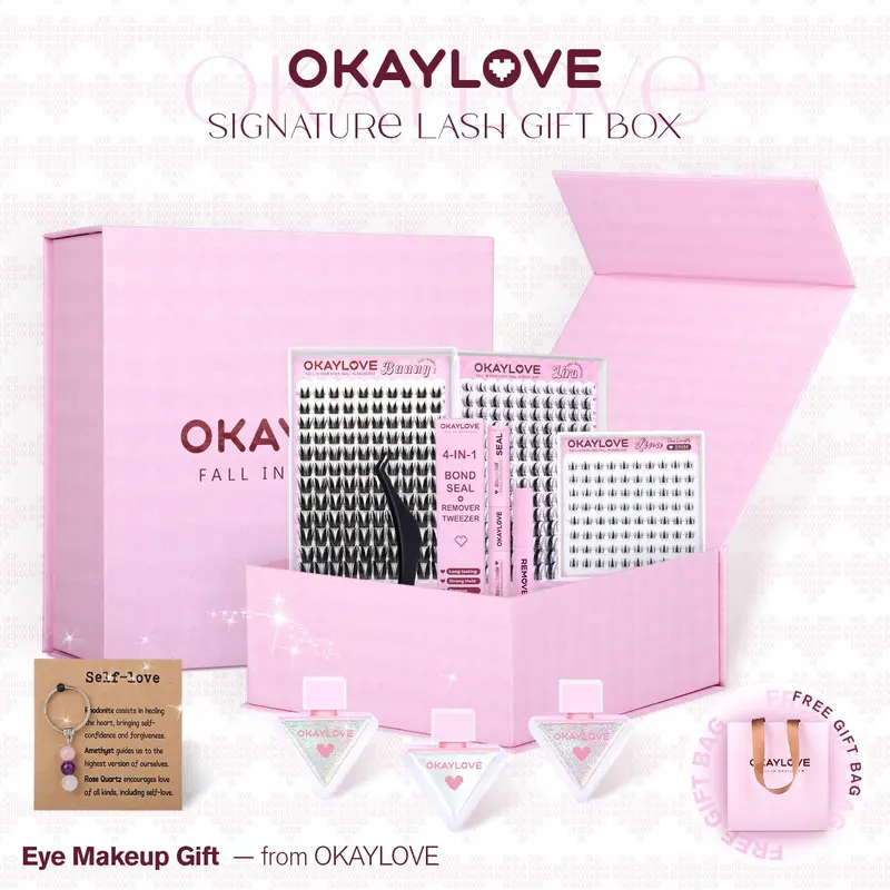 OKAYLOVE DIY Eyelash Extensions Kit - C Curl Wispy Fluffy 3D Volume Anime Lash Clusters Set with Lira/Bunny/Bottom Lashes, DIY Tools, Crystal Accessories, 3 Glitter Adhesives & Signature Valentine's Day Gift Card, Wispy Lash Clusters
