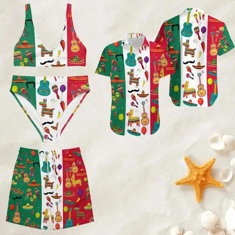 Mexico Matching Couple Swimwear, Mexican Flag Piñata Guitar Sombrero Maracas Colorful Fiesta Print Shirt Shorts & Bikini Set Beach Outfit, Perfect Gift for Beach Couple Vacation and Honeymoon