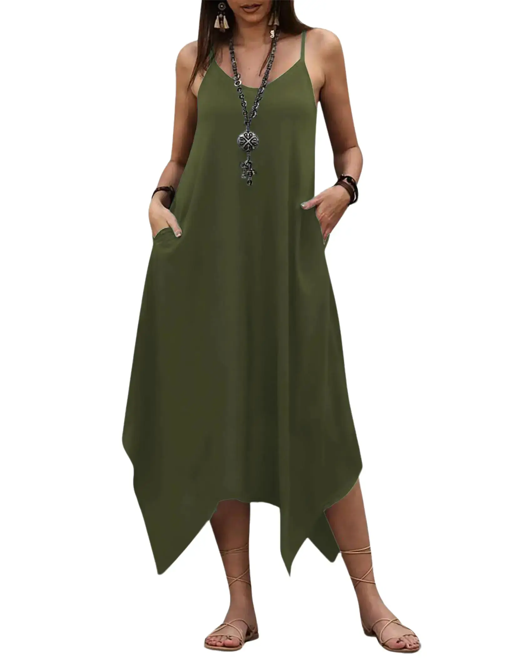 ZEAGOO Women's Summer Sleeveless Floral Spaghetti Strap Midi Dress Feminine Loose Hawaiian Bohemian Beach Cover-Up Solid Casual Party Dress with Pockets summerwins