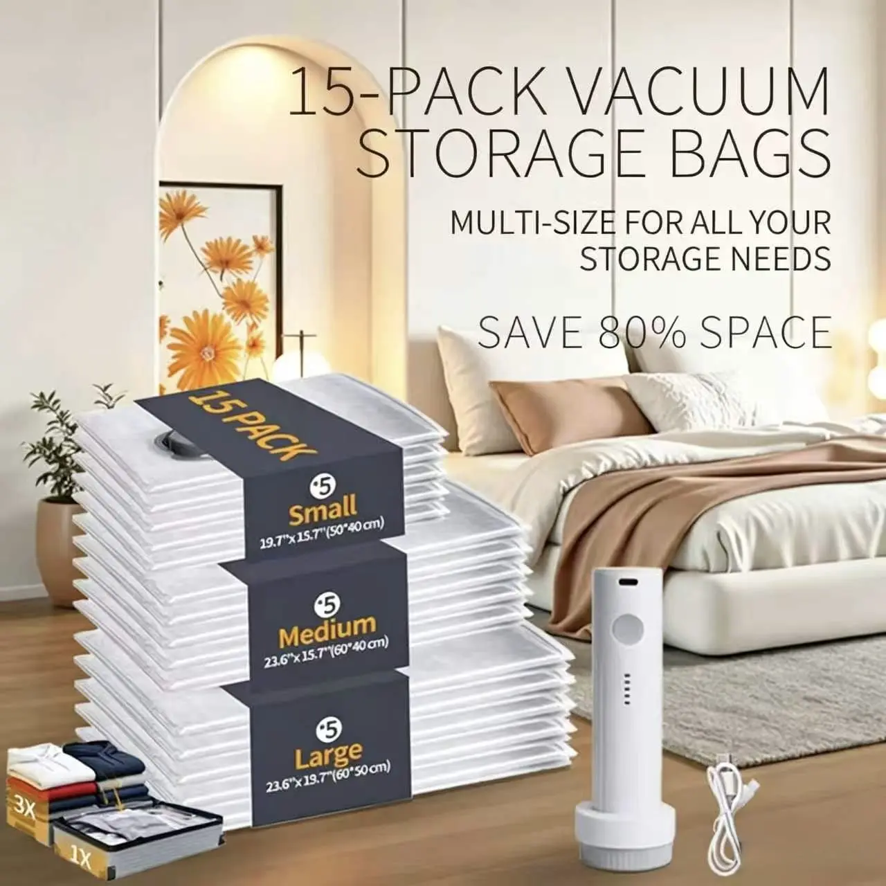 【DealsForYouDays】Cordless Travel Vacuum Storage Compression Bag Set – 15-Pack in 3 Sizes – USB Rechargeable Handheld Pump for Luggage, Sturdy Lightweight Clothes Storage Solution, Vacuum Bags For Travel Increase size