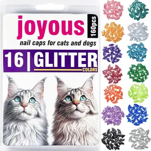 Cat Nail Caps Set, 16 Glitter Colors, 160 Pieces, Includes Adhesive & Applicator, Cat Claw Protection, Pet Grooming Accessories