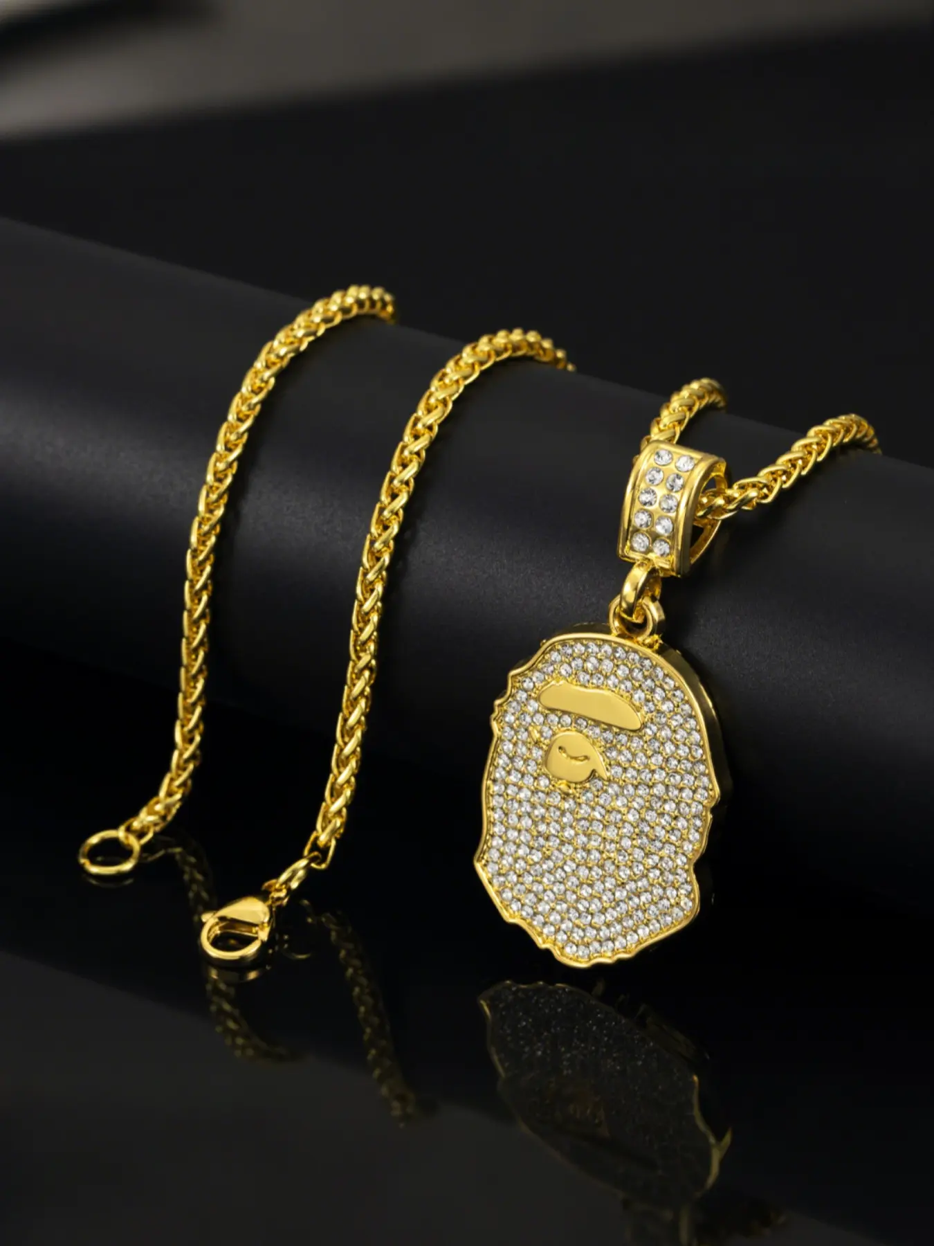 Hiphop Style Ape Head Pendant Necklace, Alloy Chain with Zircon, Street Fashion Jewelry, Unisex Hip Hop Accessories