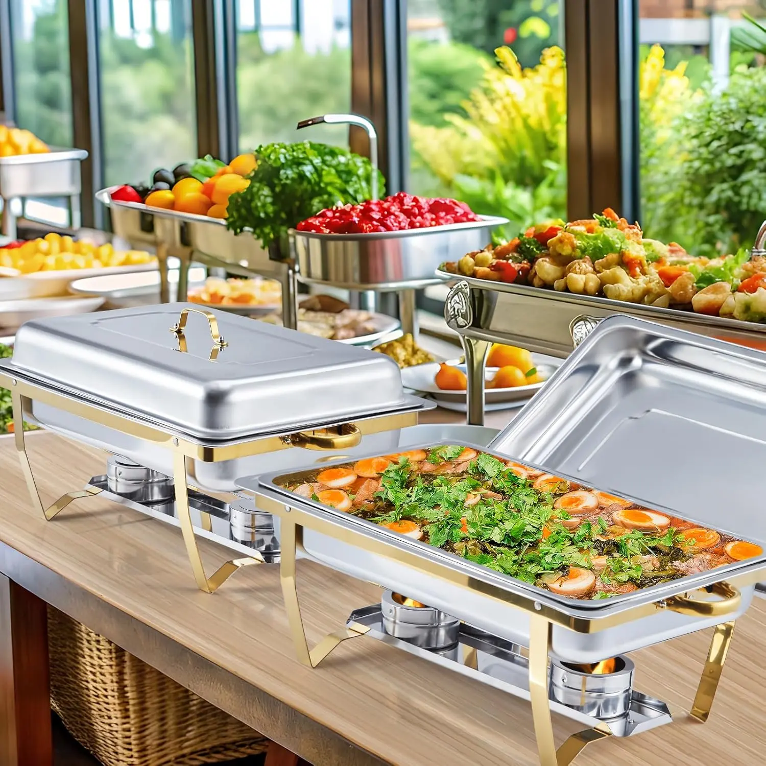 4-Pack Large Square Chafing Dish Buffet Set, 24.4X14X12 Inches Single Compartment Stainless Steel Food Warmer for Buffet Catering, Wedding Party, Home Restaurant Hotel Use