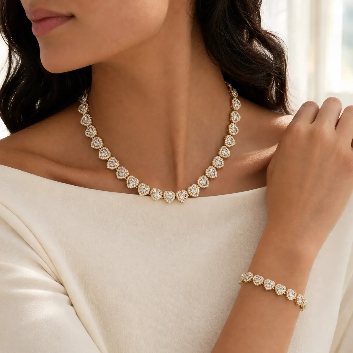 LOVE Heart Shape Chain Jewelry Set/2Pieces, necklace and bracelet. Perfect for dating or as a stylish jewelry gift ,, women，Out Bling Fashionable jewelry Gift Set everyday accessory