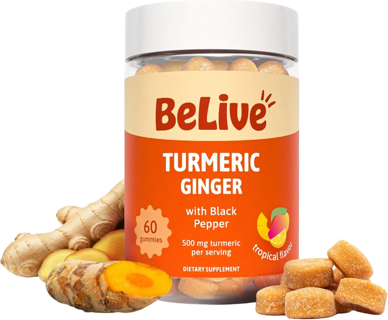 Turmeric & Ginger Gummies 500mg with Black Pepper Extract | High Absorption Curcumin Supplement for Joint Flexibility, Mobility, Immunity & Antioxidant Support | Tropical Flavored Herbal Chewables | Non-GMO & Vegan | 60 Count