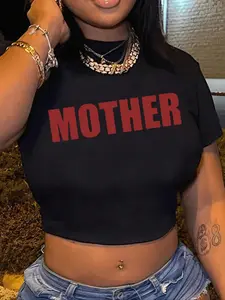 Women's Letter Print Mock Neck Crop Tee, Street Fashion Casual Short Sleeve Skinny T-Shirt for Daily Holiday Vacation Outdoor Wear, Ladies Clothes for Summer