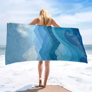 Blue Wave Print Design Beach Towel, Skin-Friendly, Absorbent, Quick-Dry, Perfect for Beach, Pool, Summer Travel, Spa, Home Use, Outdoor Picnic