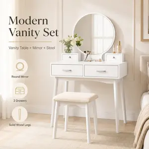 Modern Makeup Vanity Set with Round Mirror and Matching Stool 32 Inch Solid Wood Dressing Table with Drawers Aesthetic Bedroom Furniture Compact Makeup Desk for Small Spaces Teen Girls Women Beauty Room GRWM Station