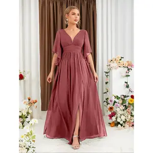 Women's Plain Floral Lace V Neck Bridesmaid Dress, Elegant Fitted Bishop Sleeve Long Dress for Wedding Party, Ladies Clothes for All Seasons, Womenswear