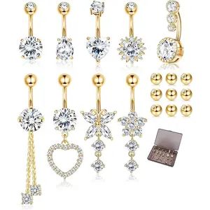 Sanfenly 9Pcs Surgical Steel Hypoallergenic Belly Button Rings 14G with Extra Balls, Silver Gold Rose Gold Plated Navel Piercing Jewelry for Women