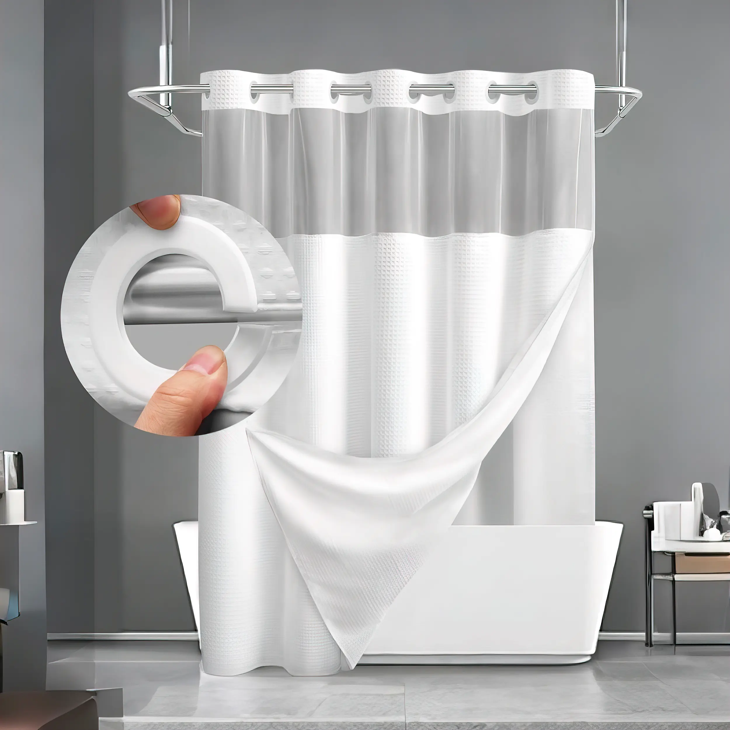 Modern Waterproof No-Hook Waffle Pattern Shower Curtain with Snap-In Liner, Bathroom Curtains Home Accessory Modern Waterproof No-Hook Waffle Pattern Shower Curtain with Snap-In Liner, Bathroom Curtains Home Accessory