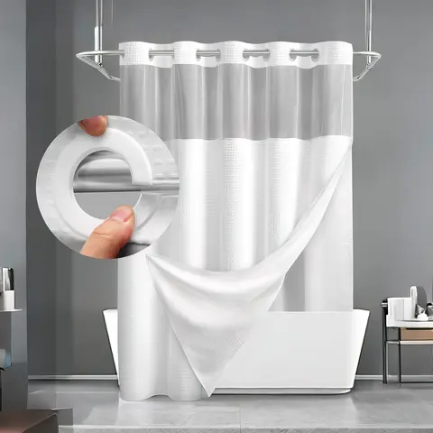 Modern No-Hook Waffle Pattern Shower Curtain, Dual-Layer Hookless Easy-Install Mold-Free Built-In Snap-In Plastic Liner, Waterproof Drip-Dry Bathroom Accessory for Home (Home Supplies, Bathroom Shower Curtains Category), No Hook Shower Curtains, Dual-Laye