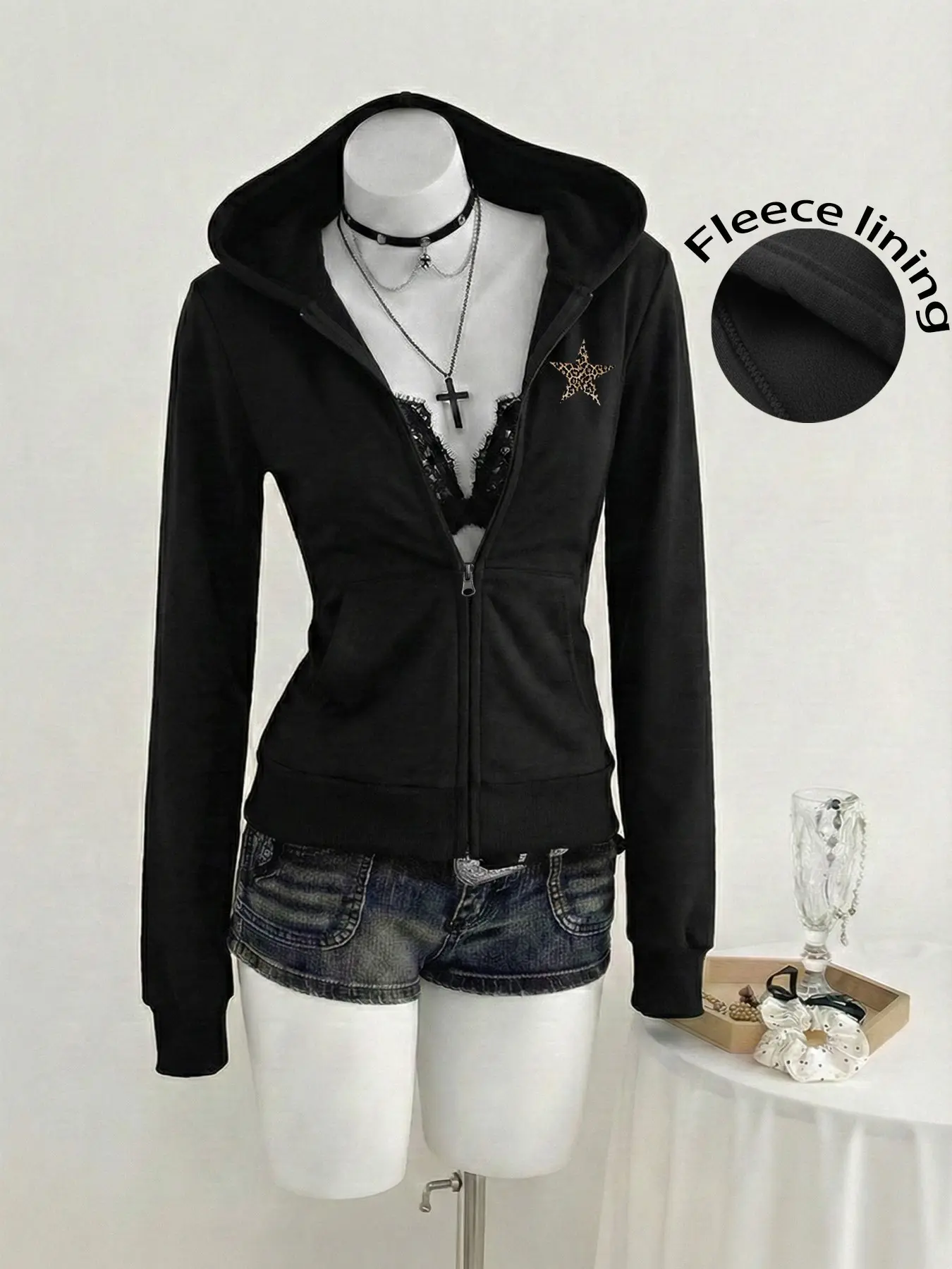 Women's Zipper Aesthetic Hoodie, Long Sleeve Fitted Outerwear, Basic Soft Knit Clothing, Y2K Street Style, Casual Fall & Winter, Leopard Star Graphic Pattern, Sweatshirts, Casual Streetwear Hoodie, Womenswear, Lady