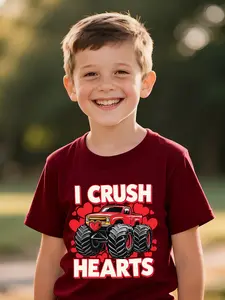 Summer Sweet Cool Heart Boy Toddler T-Shirt, Love Big Foot Truck Print Short Sleeve, Perfect for Valentine's Day/parent-Child Outing/friend Gathering