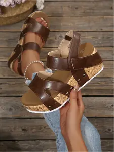 Women's Summer Cork Platform Wedge Sandals Open Toe Rivet Roman Shoes Heeled Wedge Platform Outdoor High Wedge Sandals