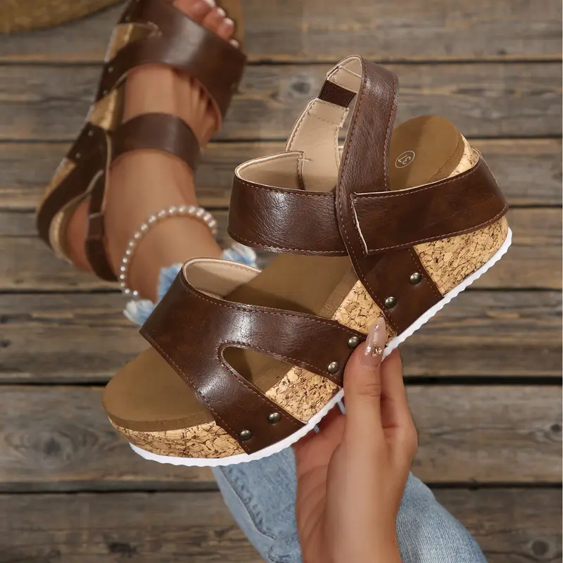 Women's Summer Cork Platform Wedge Sandals Casual Trendy Fashionable Trending Sandals Wedge Sandals Open Toe Rivet Roman Shoes Heeled Wedge Platform Outdoor High Wedge Sandals