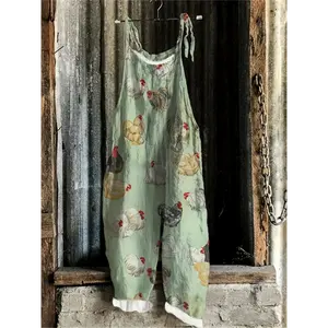 Women'S Vintage Farmhouse Hen & Chicken Print Jumpsuit - Casual Strapless Overalls with Bow Detail, Light Green with Colorful Rooster Pattern, Perfect//Fall