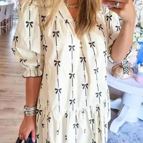 Women's Bowknot Print Bubble Sleeve Dress, Womenswear Fashion Casual Chic Fitted Short Sleeve Dress for Daily Outdoor Wear, Casual Everyday Wear, Ladies Clothes for All Seasons Piece