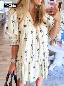 women's bowknot print bubble sleeve dress, fashion casual short sleeve dress for daily outdoor wear, ladies clothes for all seasons, womenswear