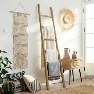 6ft Wood Blanket Ladder Solid Wood Farmhouse Country Style Wooden Wall Reclining Blanket Quilt Towel Kitchenware Christmas Ribbon Multifunctional Storage Display Decoration Hanger Rack for Bathroom Living Room Kitchen Bedroom – Daily Home & Holiday Gift