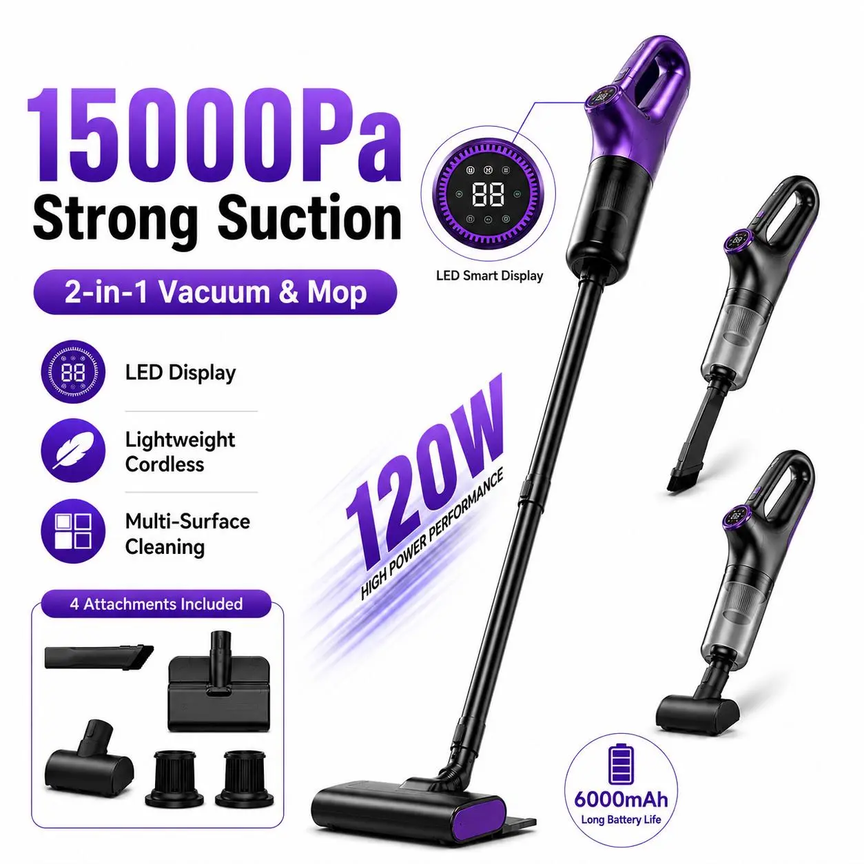 6-in-1 Stick Vacuum Cleaner Set, TikTok Viral Cordless Vacuum Cleaner, Lightweight Power Sweeper with Strong Suction & LED Display, 15000Pa Cordless Powerful Vacuum Cleaner for Pet Hair, Crumbs & Everyday Mess