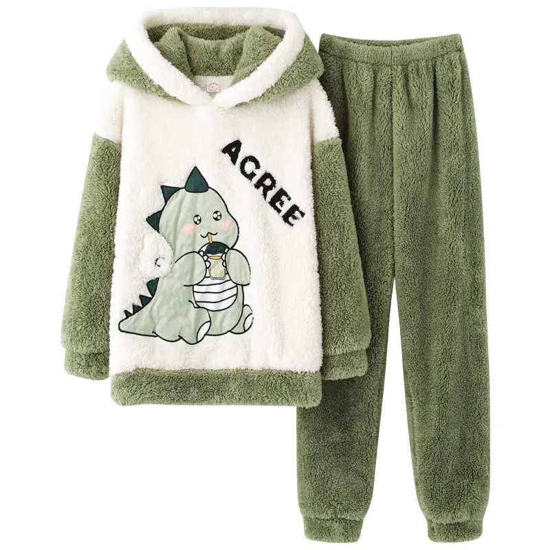 Couples Pajamas Set, 2-Piece Cute Dinosaur Print Fleece-Lined Sleepwear, Warm Longsleeve Top & Trouser for Winter