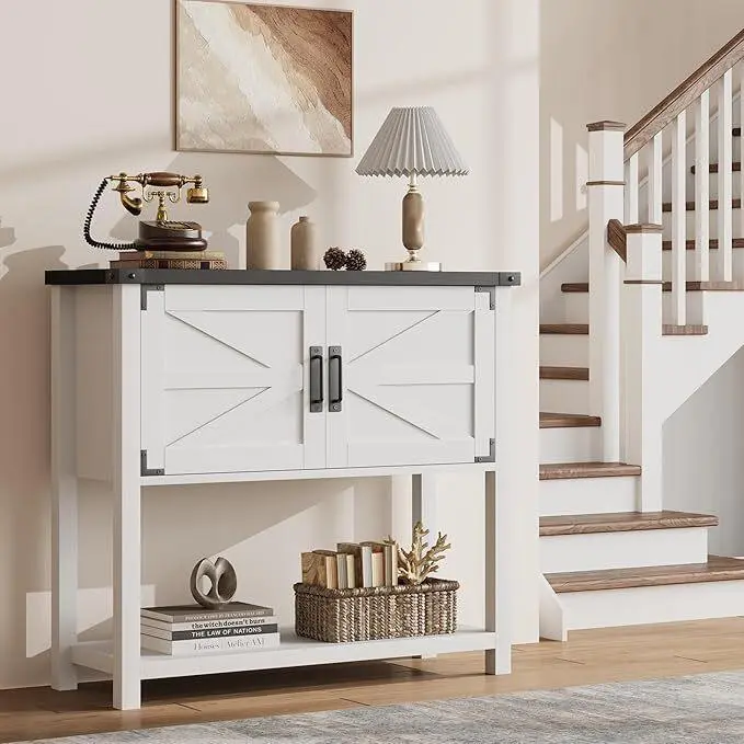 Gaomon Rustic Farmhouse Freestanding Rectangle Console Table - Entryway Table, 2 Doors, 31.5"w x14.2"d, Scratch-Resistant, Wear-Resistant, Waterproof, Storage Shelf Buffet Sideboard, for Hallway, Living Room, White, Assembly Required